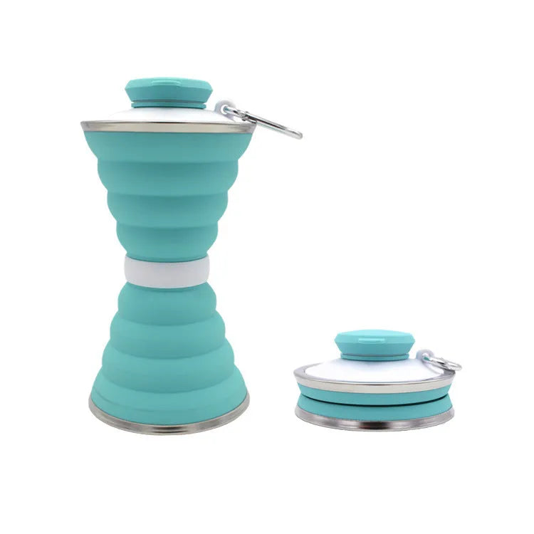 Collapsed and expanded states of a 500ml silicone water bottle with hook and hand rope.