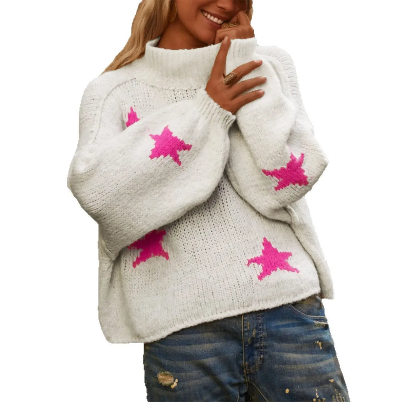 Women's Turtleneck Pullover Sweater Winter Top Loose Fit Casual Wear Long Sleeve Thick Knit Street Fashion Imitation Velvet Fabric White Star Pattern Adult Sizes S M L XL
