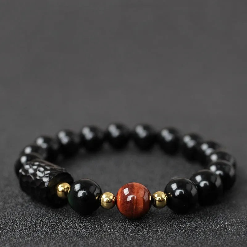 Handmade obsidian bracelet with 10mm red tiger eye beads, unisex retro design.