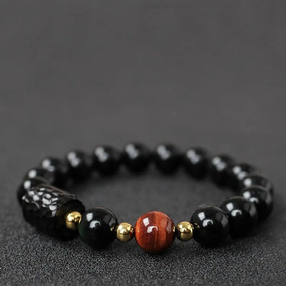 Handmade obsidian bracelet with 10mm red tiger eye beads, unisex retro design.