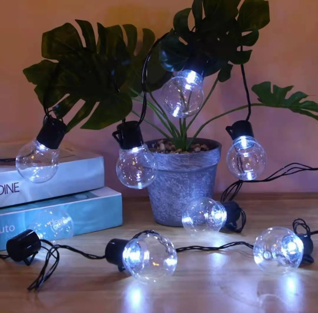 10-metre black wire solar festoon lights with 40 warm white LED bulbs for outdoor decoration