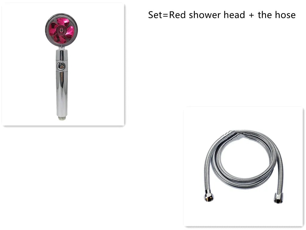 Chrome-finished ABS plastic water-saving shower head with a round, rotating spray head.
