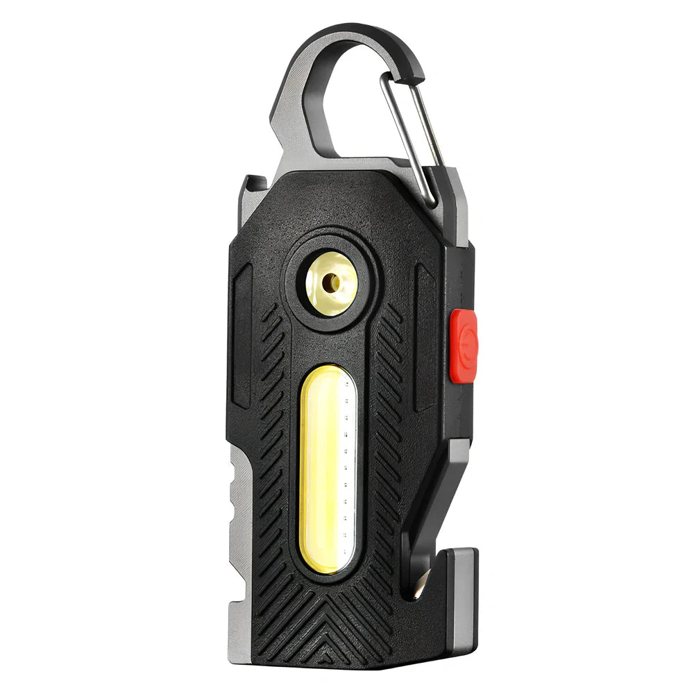 Multifunctional emergency light showing aluminium construction, tools, and 400LM COB lighting