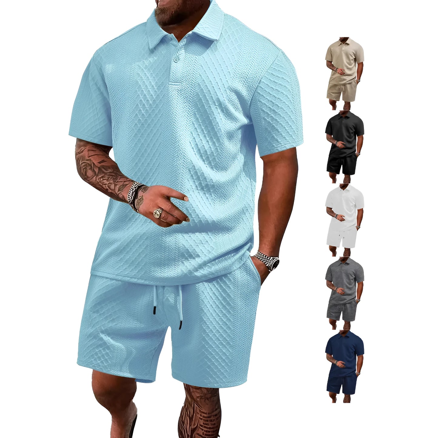 Men's patterned cloth casual suit set with short sleeve polo top and trousers on a hanger.