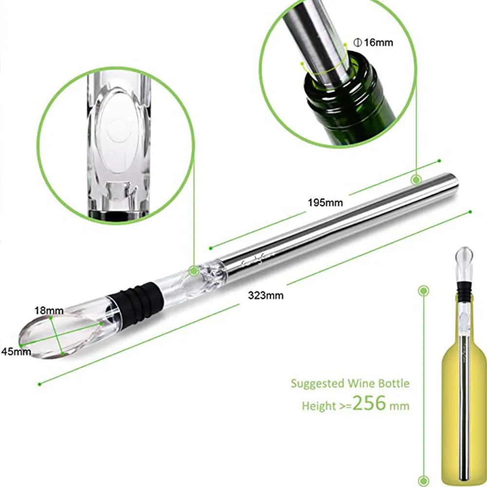 Stainless steel wine chilling rod with acrylic aerator pourer for cooling bottles from inside