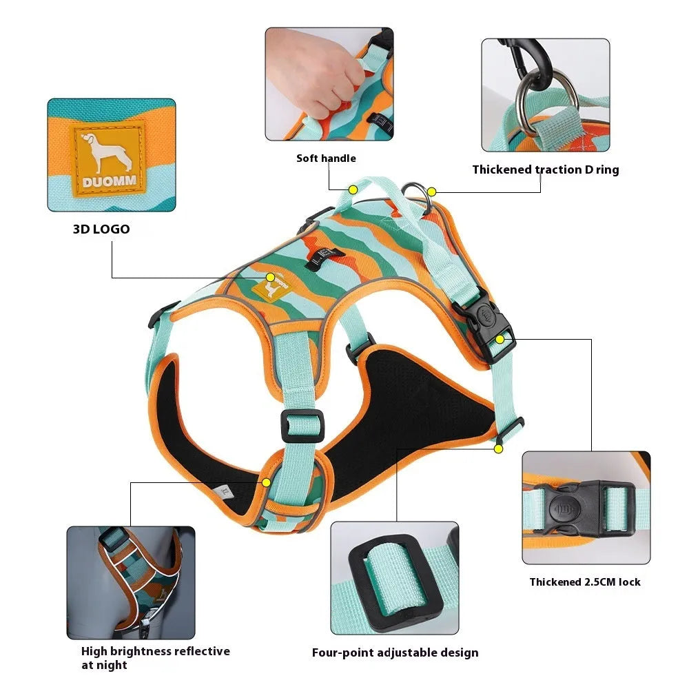 Orange dog harness with reflective strips and hand holding rope on a grassy background