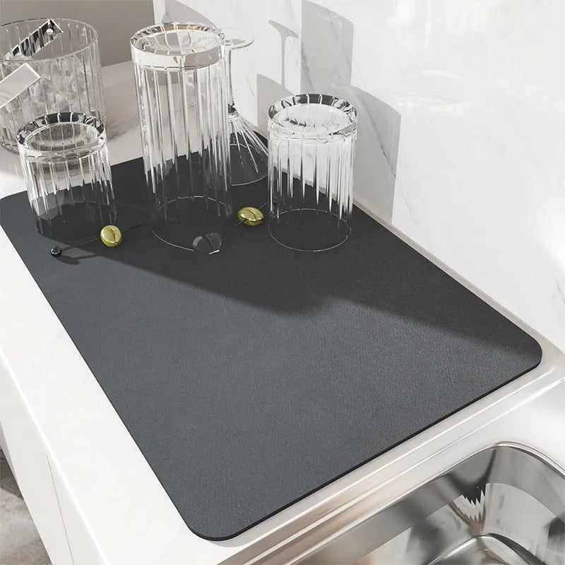 Black square kitchen drain pad with PU leather surface and rubber anti-slip backing