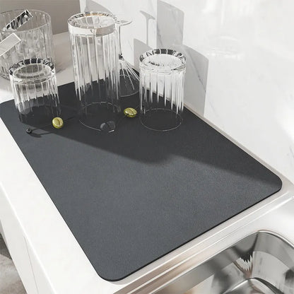 Black square kitchen drain pad with PU leather surface and rubber anti-slip backing