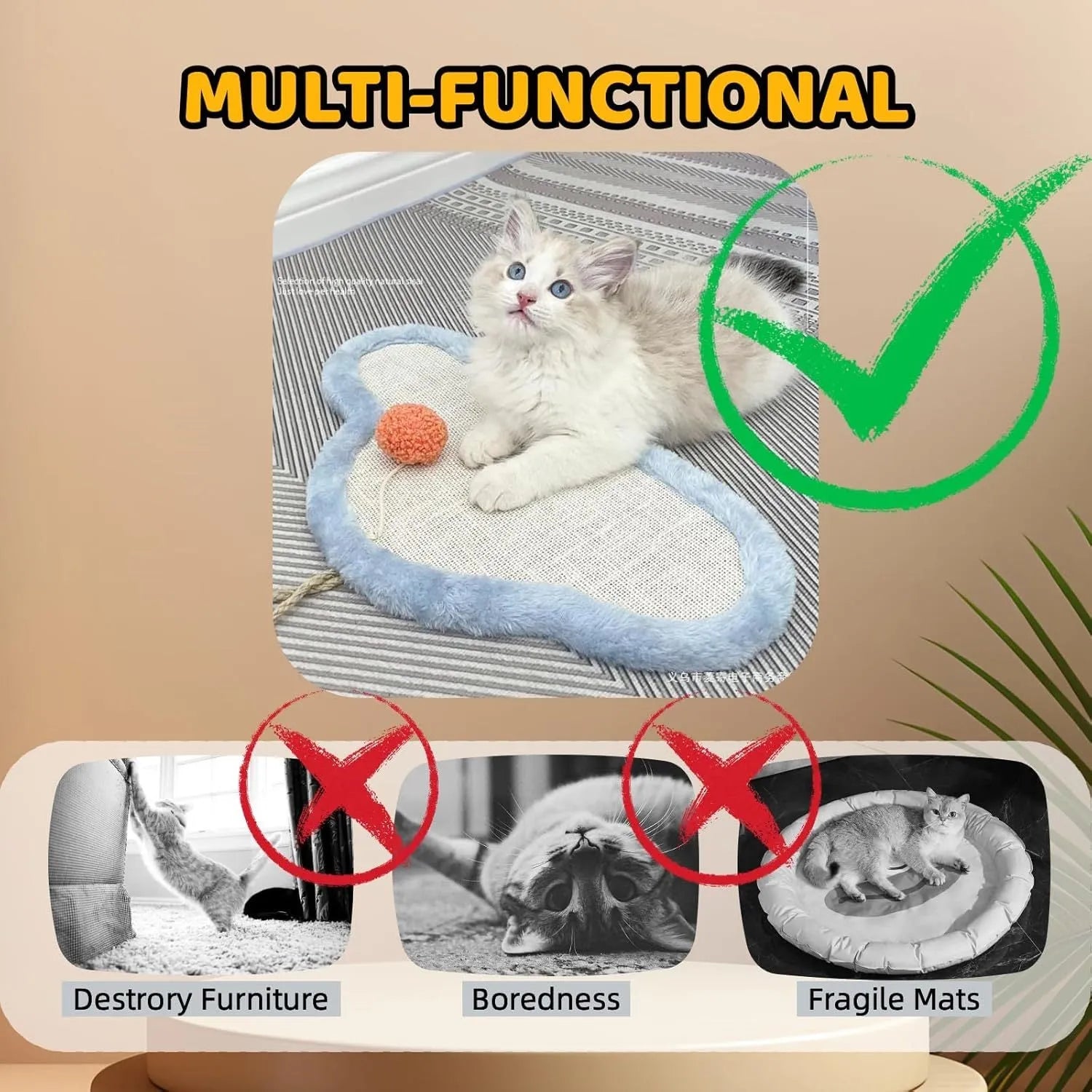 White wall-mounted cat scratching mat with sleeping cat cartoon design, made from natural sisal.
