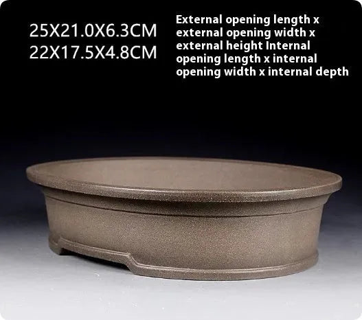 Handmade antique oval succulent bonsai pot in purple sand clay, 25cm long by 21cm wide by 6.3cm high