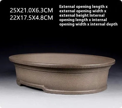 Handmade antique oval succulent bonsai pot in purple sand clay, 25cm long by 21cm wide by 6.3cm high