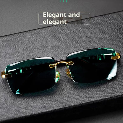Dark green frameless crystal glasses with sunshade lenses, case, and cloth