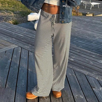 Stylish women's striped pants in various colors with a casual, Y2K-inspired design