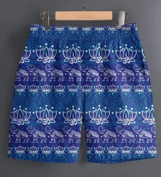 Men's casual polyester shorts in a camouflage pattern, shown with a relaxed fit for outdoor use.