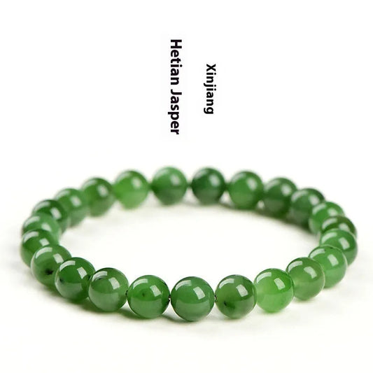 Natural jasper ball bracelet with polished Hetian jade beads in multiple sizes from 4mm to 12mm on wrist