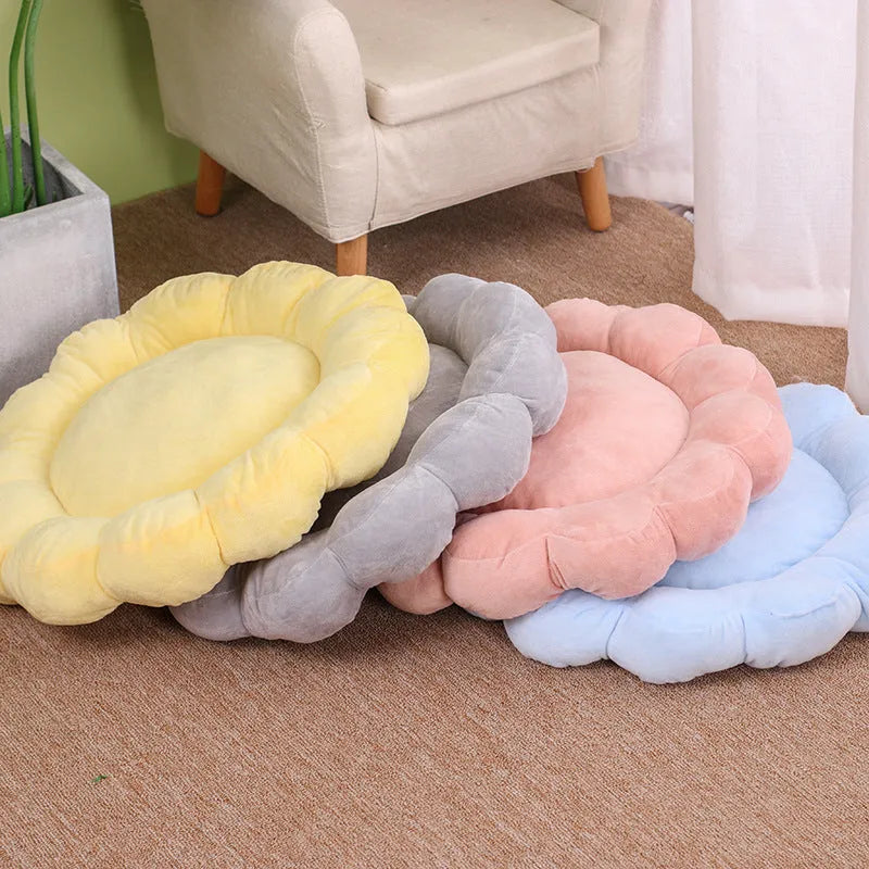 Blue half-surrounded square plush pet bed for dogs and cats on a wooden floor
