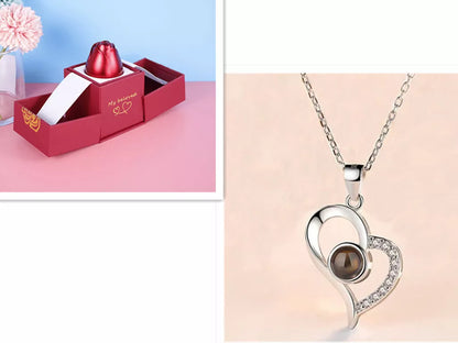 Valentine's Day metal rose jewelry gift box necklace with adjustable crystal design