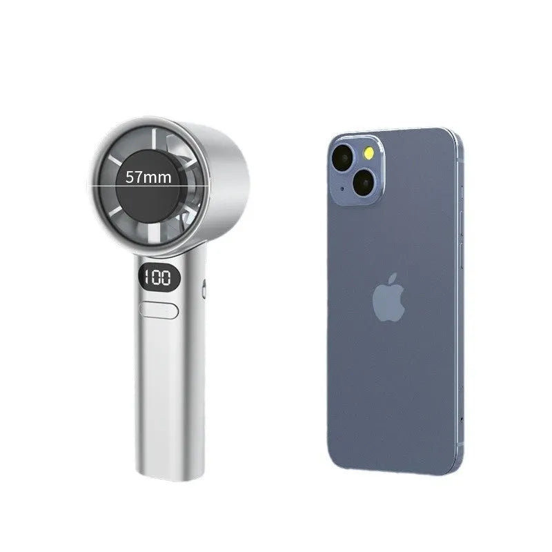 Handheld fan with 120-speed control, USB port, and 1800 mAh battery in choice of colours