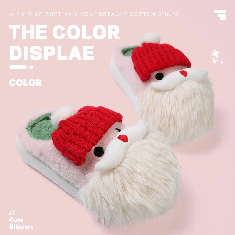 Cozy Santa Claus-themed Christmas slippers with plush upper and non-slip EVA sole for indoor comfort and traction