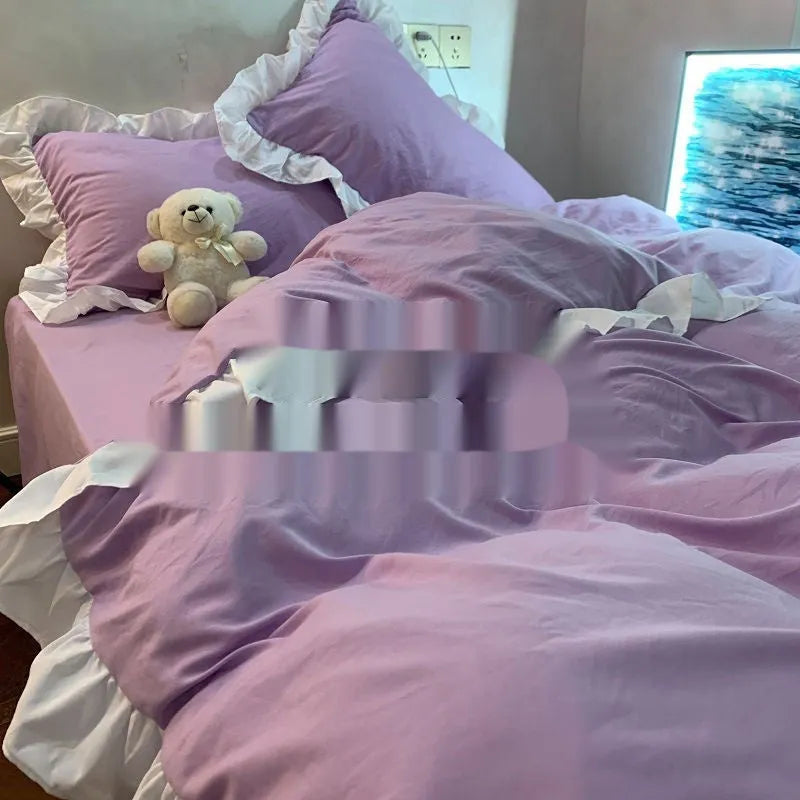 Mori style solid colour linen bedding set with quilt cover, fitted sheet, and pillowcases in creamy green