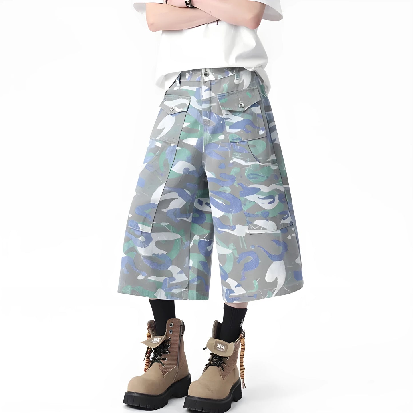 Denim workwear trousers with camouflage colour pattern, straight-leg cut, and zipper fly
