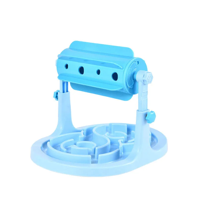 Blue adjustable height pet puzzle feeder with raised food tray patterns for slow eating
