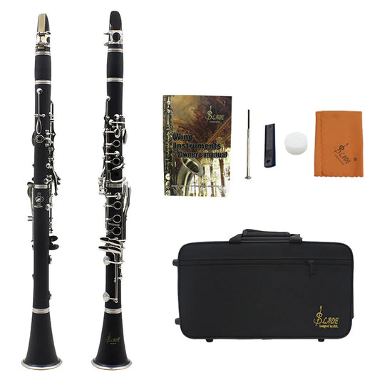 Black Bakelite clarinet with nickel-plated keys, 67cm long, shown with protective bag for beginner musicians