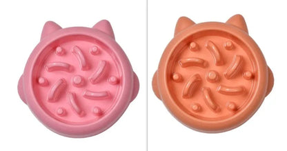 PP plastic slow feeder dog bowl with bone-shaped obstacles in green, pink or orange