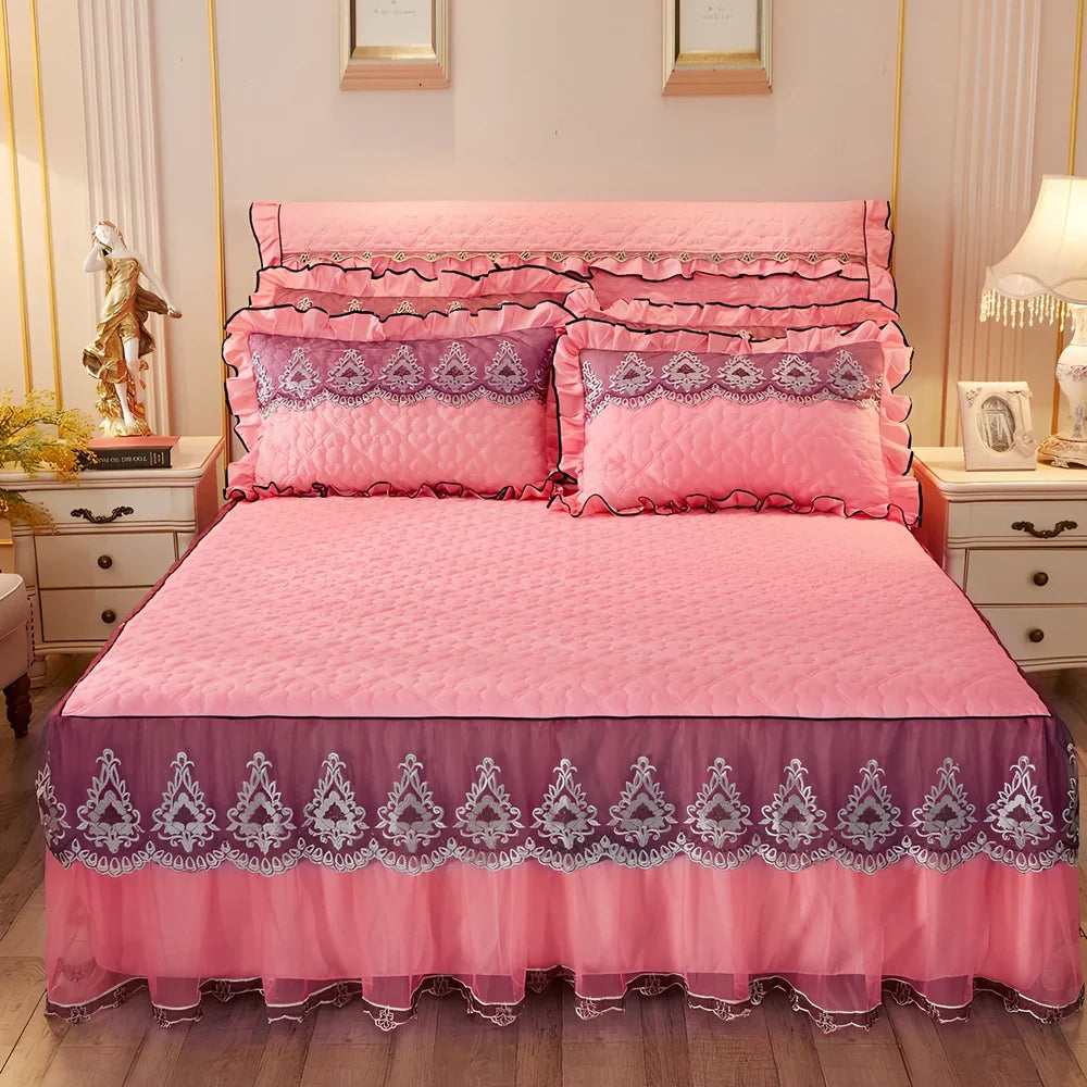 Quilted lace bed skirt with embroidery quilting on bed, showing 1.8m circumference coverage