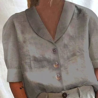 Women's V-neck casual button blouse with 3D effect pattern in various colors