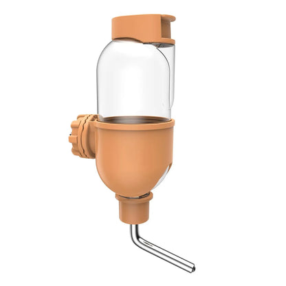 Blue small animal water bottle with rotatable nozzle mounted on a wire cage for a rabbit or guinea pig.