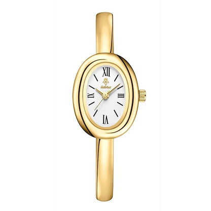 Women's oval retro quartz watch in gold colour with slim 8mm case thickness
