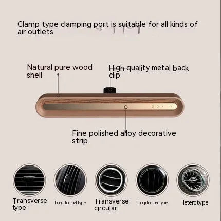 Car vent clip aromatherapy ornament in walnut or metallic grey with long strip design
