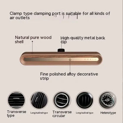 Car vent clip aromatherapy ornament in walnut or metallic grey with long strip design