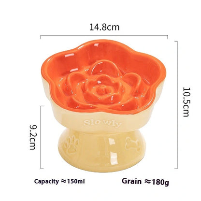 White ceramic pet bowl with high foot neck protector showing 15cm diameter and 8cm height measurement