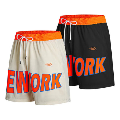 Men's black casual shorts with printed lettering, Korean style straight cut design