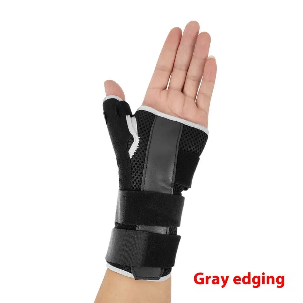 Carbon fibre sports wrist guard with thumb strap in black and grey colour scheme