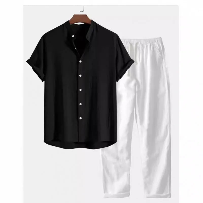 Men's loose fit short sleeve shirt and trousers casual suit set in various colours
