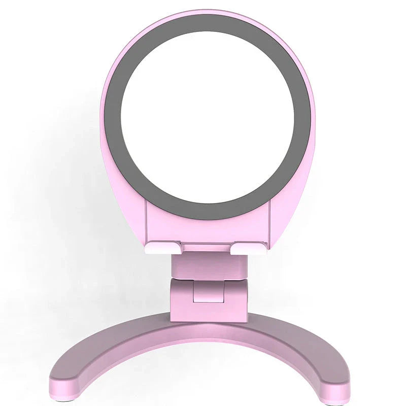 Adjustable mobile phone stand with integrated makeup mirror, featuring a sleek and versatile design for hands-free use and on-the-go touch-ups.