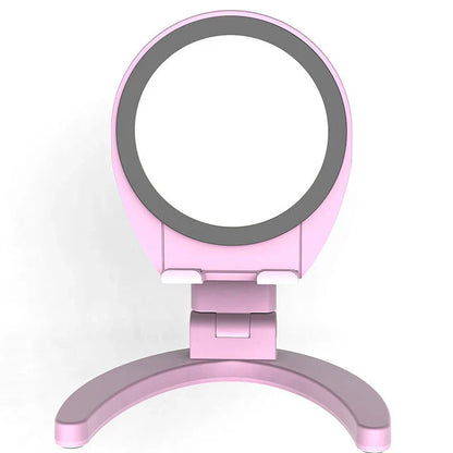 Adjustable mobile phone stand with integrated makeup mirror, featuring a sleek and versatile design for hands-free use and on-the-go touch-ups.