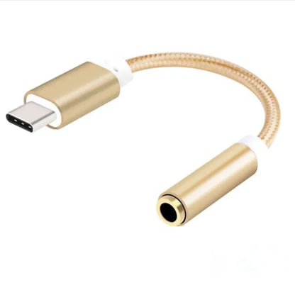 Weaving Type-C to 3.5mm audio adapter cable in four colour options showing connectors and nylon-braided 12cm cable