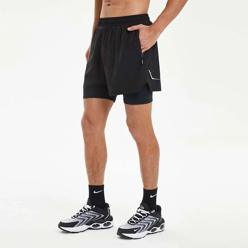 Men's black double-layer sports shorts with spandex liner for running and fitness activities
