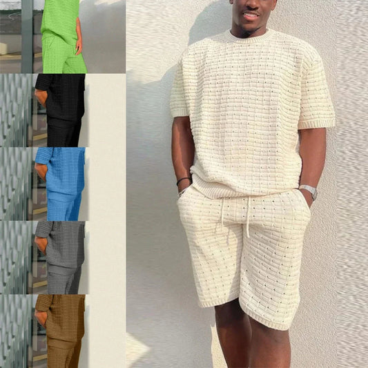 Men's summer outfit featuring a comfortable, breathable shirt and casual shorts set in a variety of color options