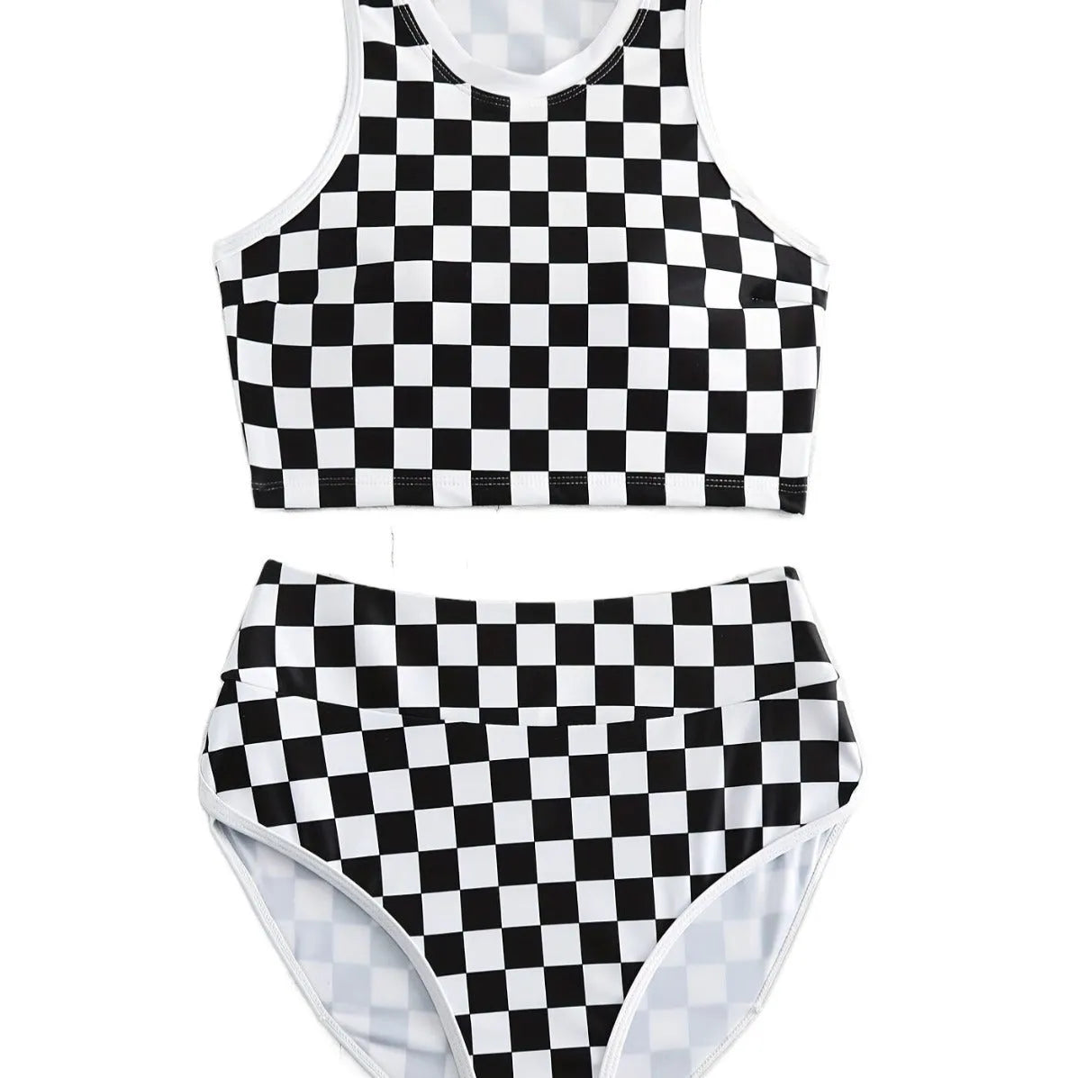 Women's black and white checkerboard print backless racing swimsuit with suspender straps