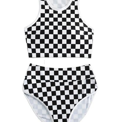 Women's black and white checkerboard print backless racing swimsuit with suspender straps