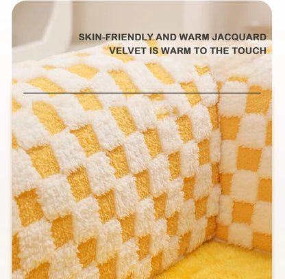 Fan-shaped plush pet bed with integrated tunnel in yellow colour, showing 80cm diameter and anti-slip bottom