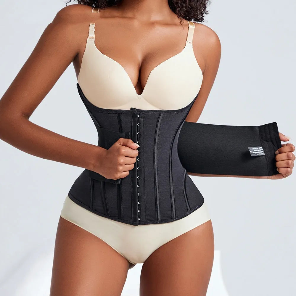Black belly band waist trainer with adjustable tie on mannequin, showing nylon fabric construction