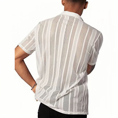 Men's white knitted short-sleeve shirt with button front and jacquard texture