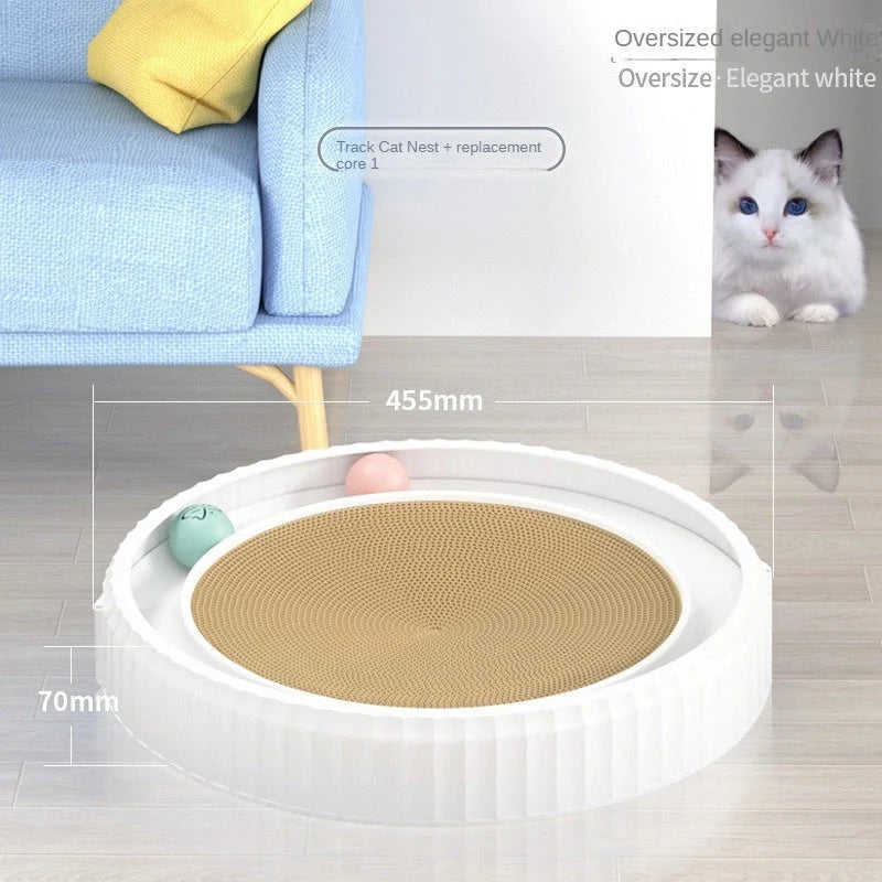 Round cat scratching board with removable pad and toy bell ball in navy blue