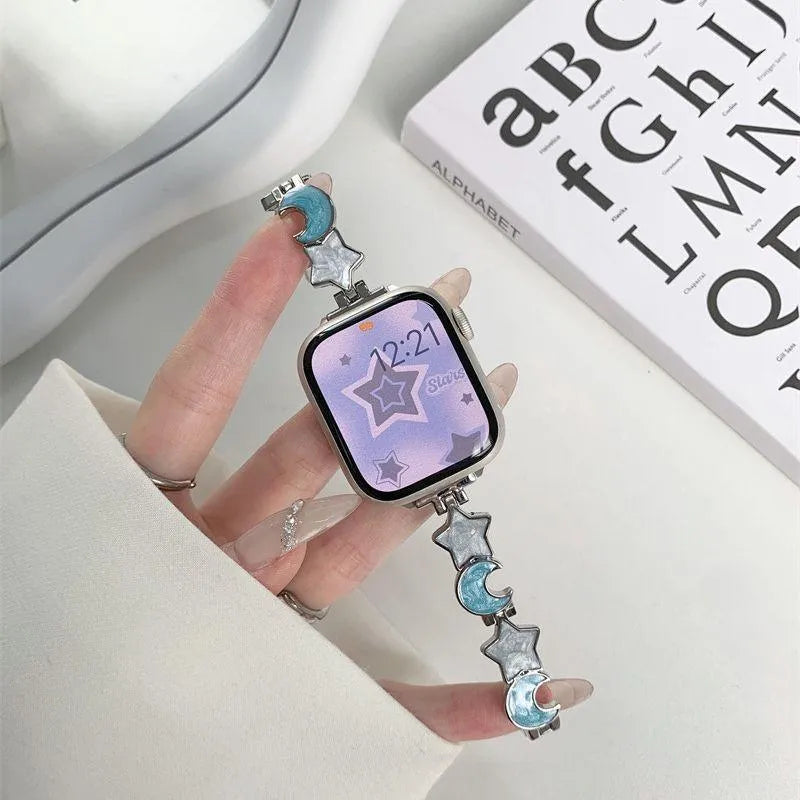 Metal chain Apple Watch strap with snap button, shown in star and moon colour options and two size ranges